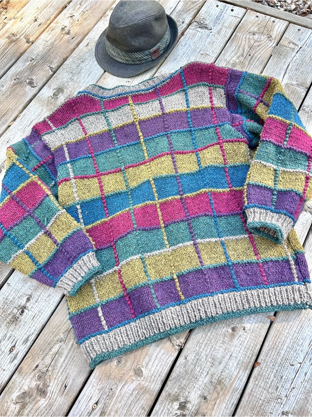 Artisan patchwork vibe boho wool knit sweater w cottagecore country prairie vibe - Picture 15 of 16